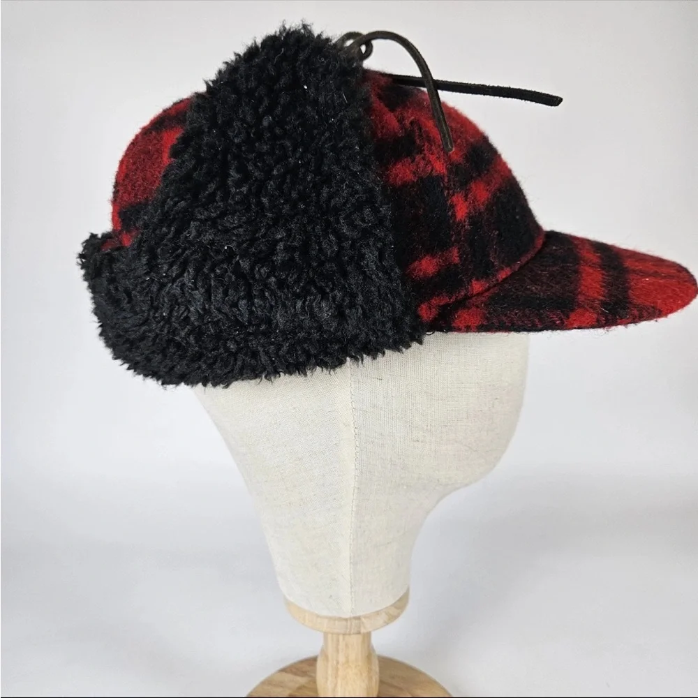 Vintage Eddie Bauer Wool Trapper Hat with Ear Flaps — Red & Black Buffalo Plaid - Picture 2 of 9
